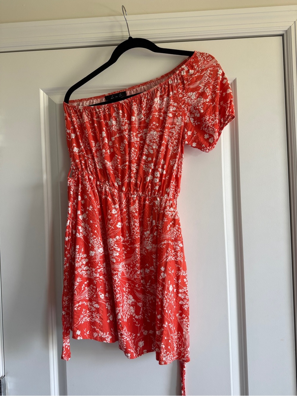 One-Shoulder Mini Red Floral Summer Dress with Elastic Waist